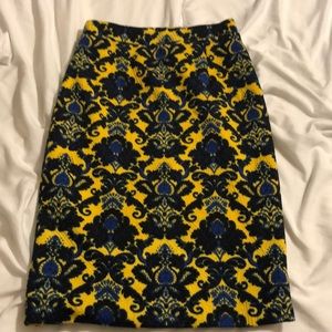 Blue and yellow patterned pencil skirt